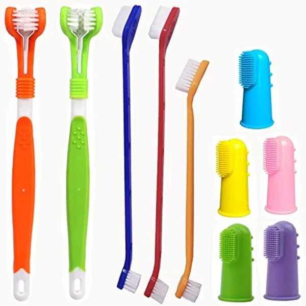10 Pack Pet Dog Toothbrush, 2 Triple Head Pet Toothbrushes 3 Double Head Tooth Brush 5 Pack Finger Rubber Toothbrushes, Multi-A