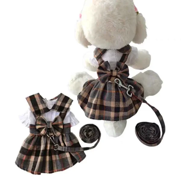 Plaid Dress With Bowknot Back, Adjustable Leash